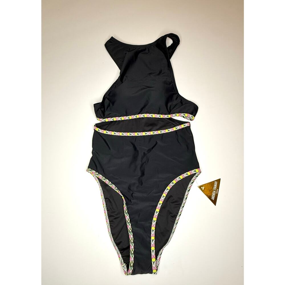 NWT Andrea Iyamah Cutout One Piece Bathing Suit with Trim Black Women's S Swim